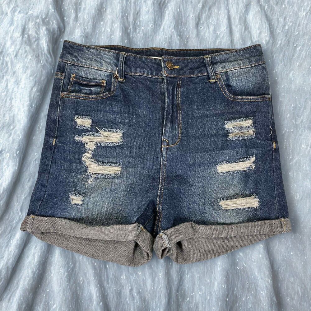 Wax Jean Denim Shorts Womens 0 Dark Wash Distressed Cuffed Stretch Jean Shorts